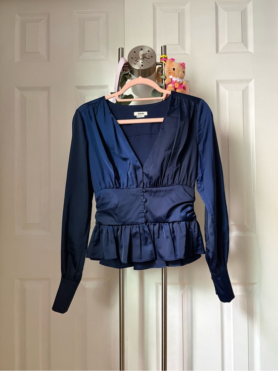 Jason Wu Tops - Jason Wu Navy Satin V-Neck Peplum Blouse